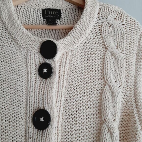 PURE HANDKNIT Chunky Knit Cardigan Sweater Cable Ivory Sz M /L - Picture 4 of 10
